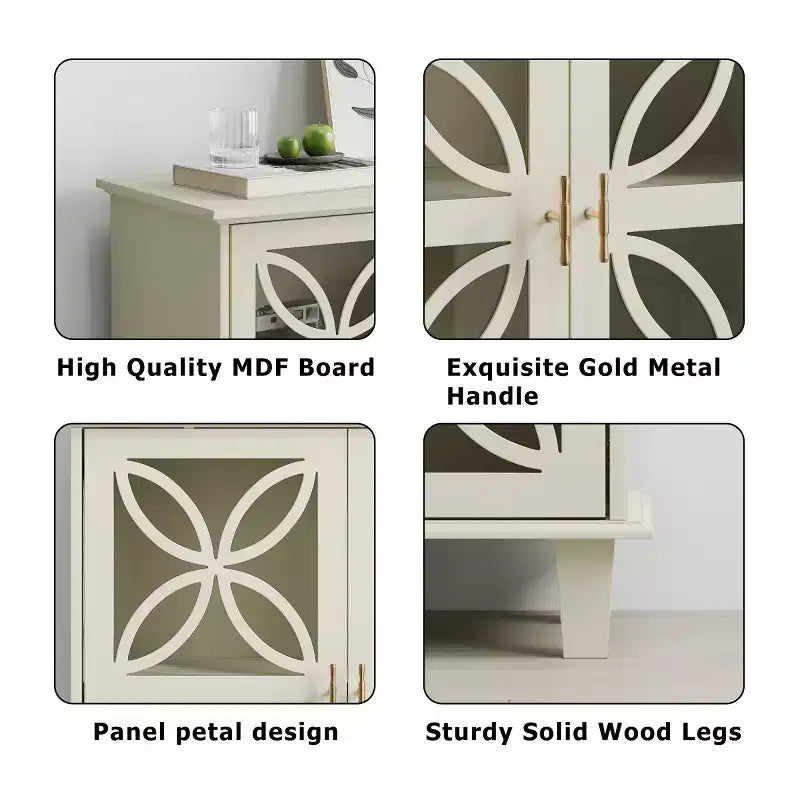 32 Credenza color crema con ante in vetro, Madia-Buffet moderna retrò con design geometrico a petalo e gambe in legno massello - Panipeachy
