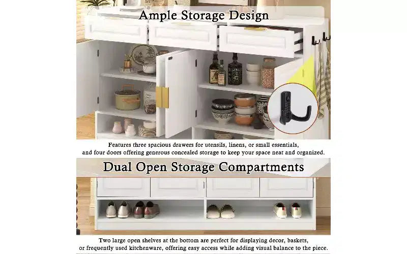 TUYOHW Buffet de ferme avec 3 tiroirs et 4 portes, meuble de rangement multifonctionnel avec étagère réglable, meuble de cuisine.