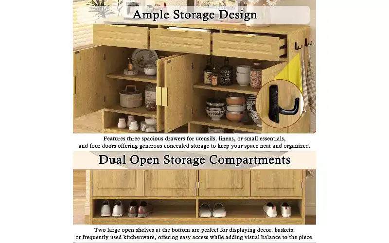 TUYOHW Buffet de ferme avec 3 tiroirs et 4 portes, meuble de rangement multifonctionnel avec étagère réglable, meuble de cuisine.