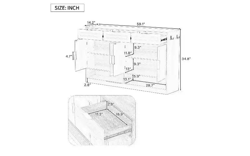 TUYOHW Buffet de ferme avec 3 tiroirs et 4 portes, meuble de rangement multifonctionnel avec étagère réglable, meuble de cuisine.