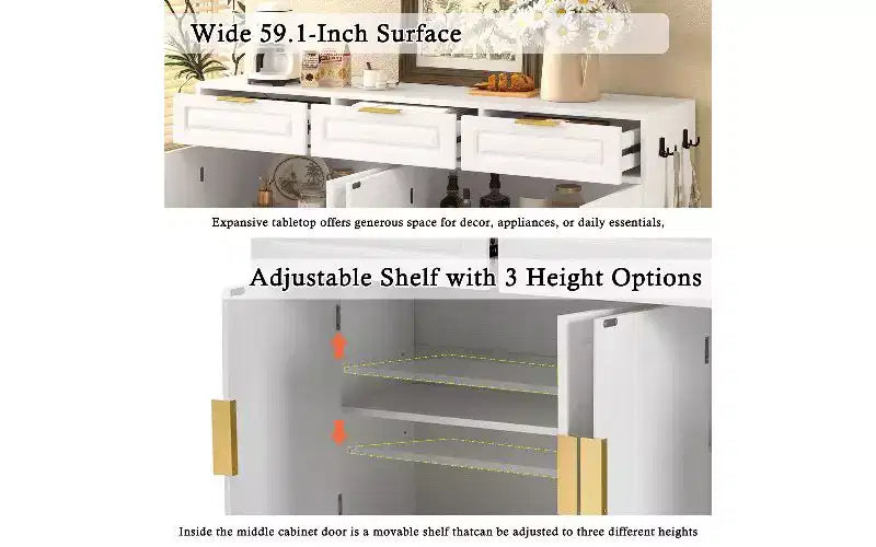 TUYOHW Buffet de ferme avec 3 tiroirs et 4 portes, meuble de rangement multifonctionnel avec étagère réglable, meuble de cuisine.
