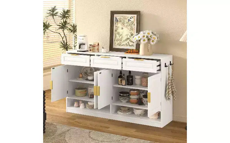 TUYOHW Buffet de ferme avec 3 tiroirs et 4 portes, meuble de rangement multifonctionnel avec étagère réglable, meuble de cuisine.