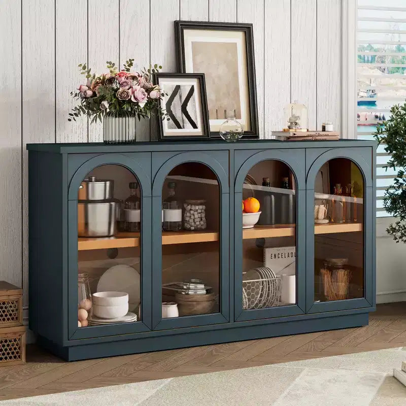Meuble de rangement bas avec 4 portes vitrées cintrées, buffet d'appoint pour salon, couloir, entrée, bureau à domicile