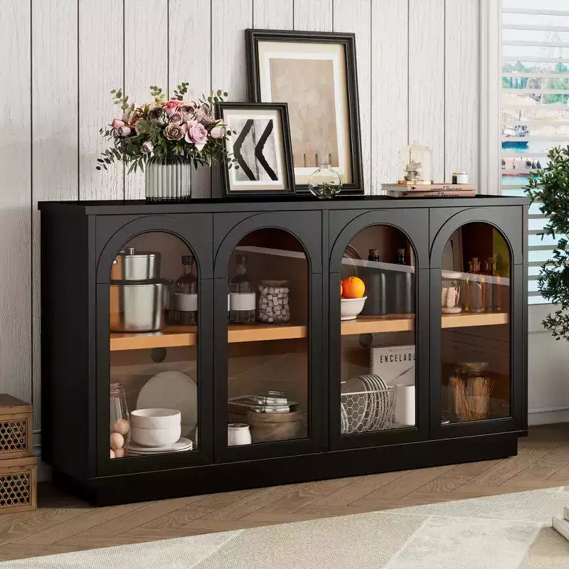 Meuble de rangement bas avec 4 portes vitrées cintrées, buffet d'appoint pour salon, couloir, entrée, bureau à domicile