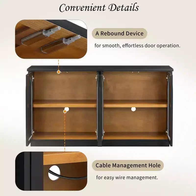 Meuble de rangement bas avec 4 portes vitrées cintrées, buffet d'appoint pour salon, couloir, entrée, bureau à domicile
