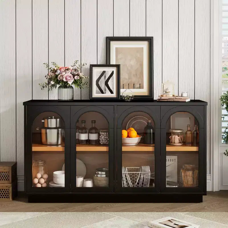 Floor Storage Cabinet with 4 Arched Glass Doors, Living Room Accent Sideboard Buffet Cupboard for Hallway, Entryway, Home Office