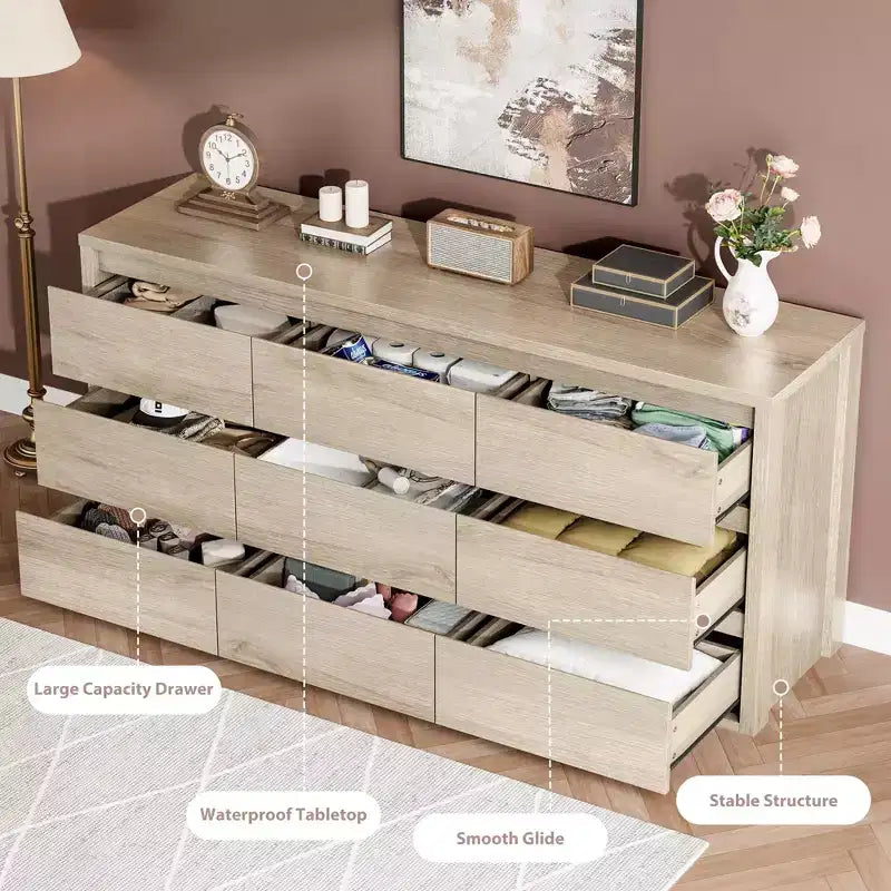 Cassettiera a 9 cassetti per camera da letto, comò ampio e moderno, organizer contenitore grande in legno per soggiorno, corridoio e ingresso