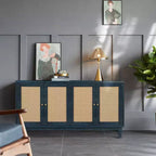 60 Mobile Buffet Etnico Costiero, Credenza Contenitore con Ante in Rattan Naturale, Gambe in Pino Massiccio - Panipeachy