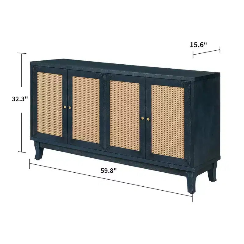60 Mobile Buffet Etnico Costiero, Credenza Contenitore con Ante in Rattan Naturale, Gambe in Pino Massiccio - Panipeachy