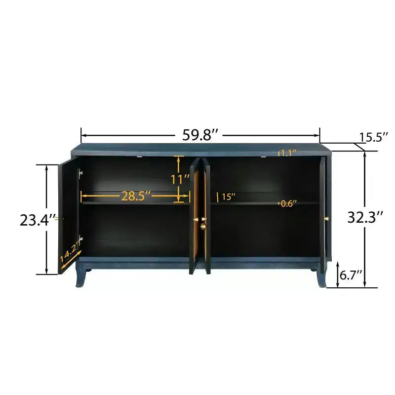 60 Mobile Buffet Etnico Costiero, Credenza Contenitore con Ante in Rattan Naturale, Gambe in Pino Massiccio - Panipeachy