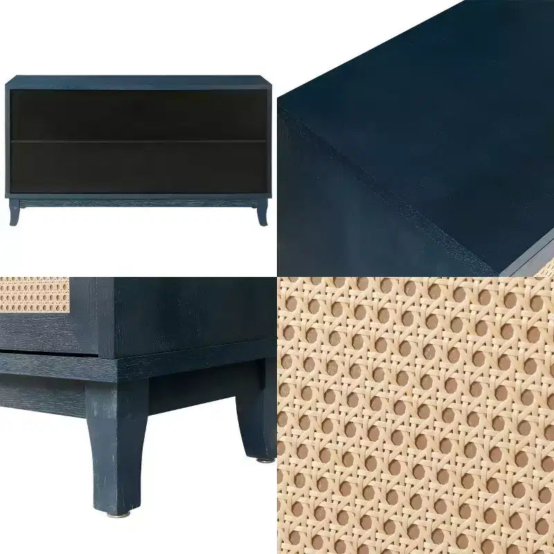 60 Mobile Buffet Etnico Costiero, Credenza Contenitore con Ante in Rattan Naturale, Gambe in Pino Massiccio - Panipeachy
