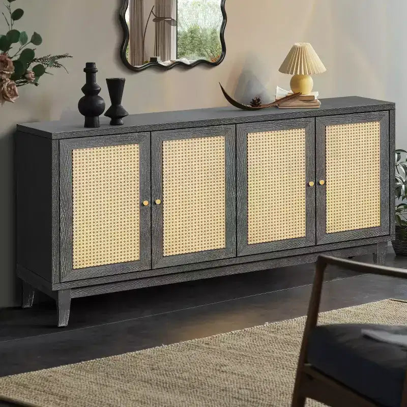 60 Mobile Buffet Etnico Costiero, Credenza Contenitore con Ante in Rattan Naturale, Gambe in Pino Massiccio - Panipeachy
