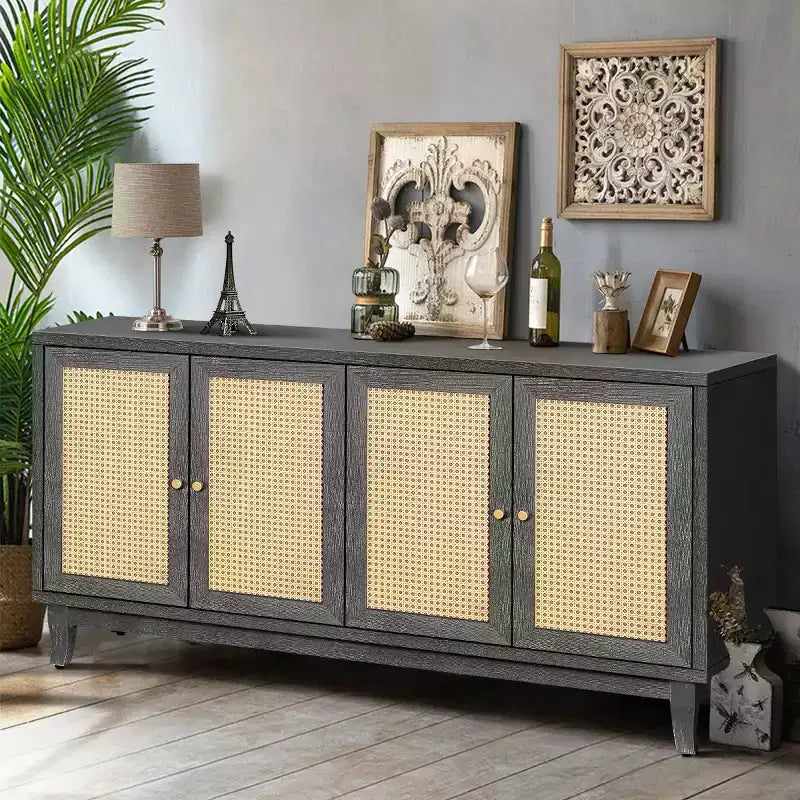 60 Mobile Buffet Etnico Costiero, Credenza Contenitore con Ante in Rattan Naturale, Gambe in Pino Massiccio - Panipeachy