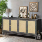 60 Mobile Buffet Etnico Costiero, Credenza Contenitore con Ante in Rattan Naturale, Gambe in Pino Massiccio - Panipeachy