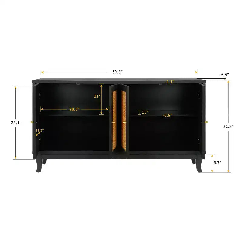 60 Mobile Buffet Etnico Costiero, Credenza Contenitore con Ante in Rattan Naturale, Gambe in Pino Massiccio - Panipeachy