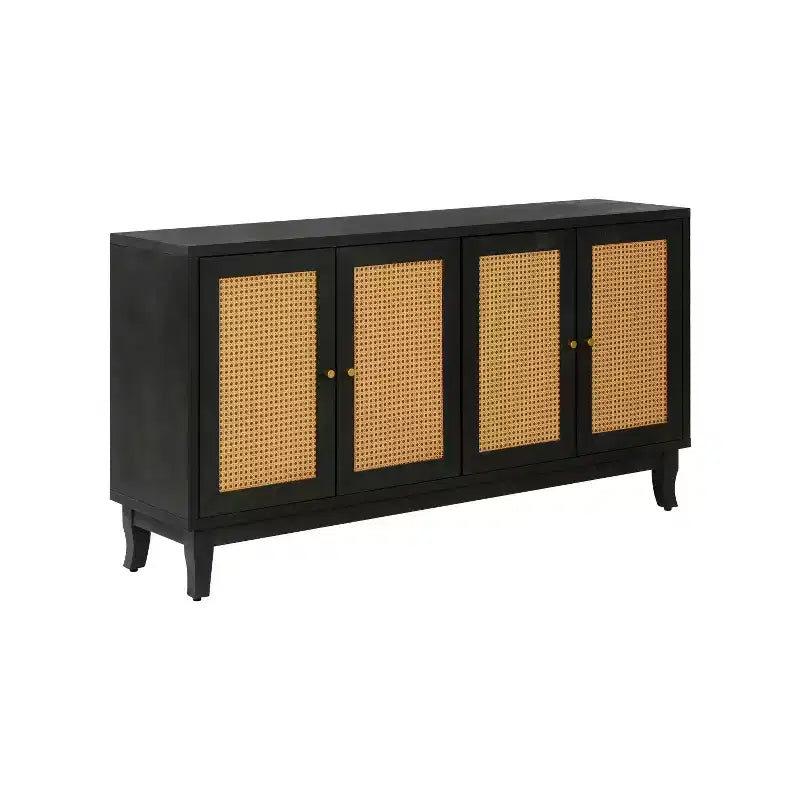 60 Mobile Buffet Etnico Costiero, Credenza Contenitore con Ante in Rattan Naturale, Gambe in Pino Massiccio - Panipeachy