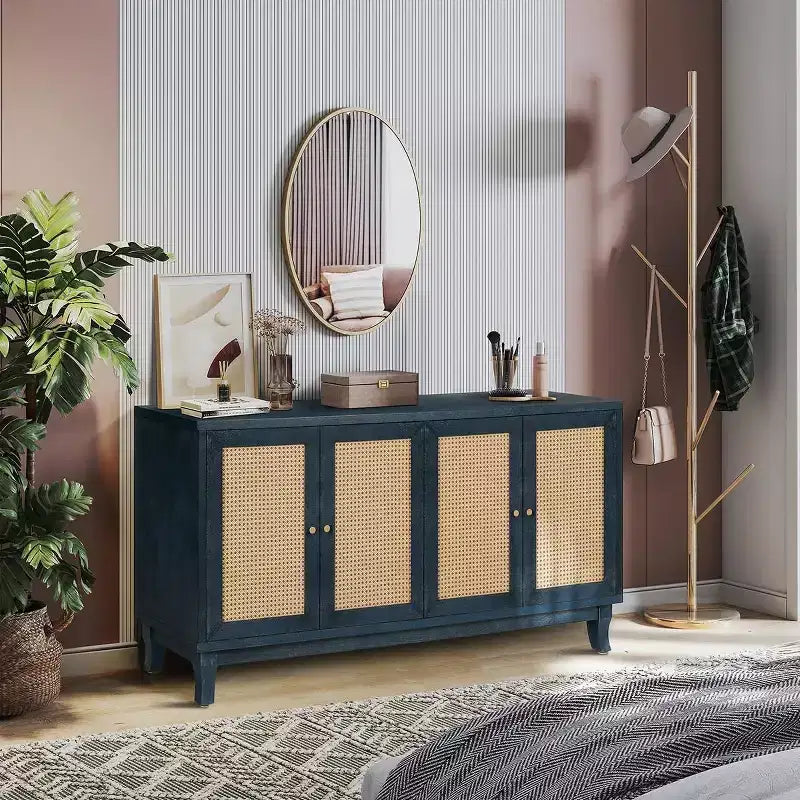 60 Mobile Buffet Etnico Costiero, Credenza Contenitore con Ante in Rattan Naturale, Gambe in Pino Massiccio - Panipeachy