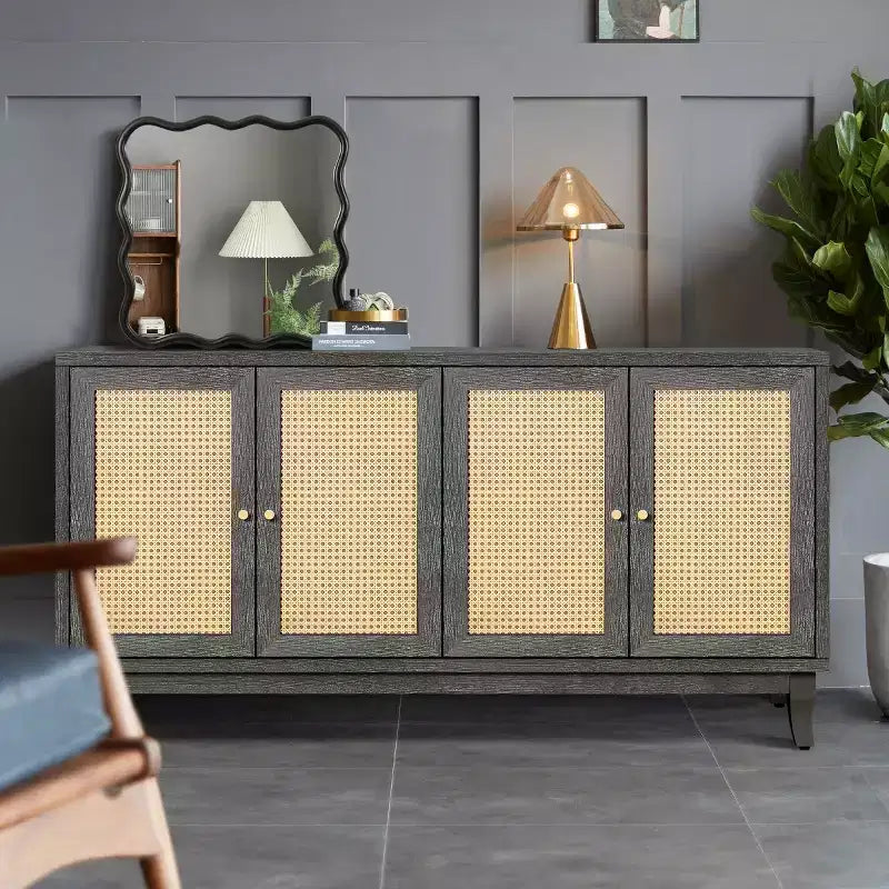 60 Coastal Boho Sideboard Buffet, Accent Storage Cabinet Cupboard with Natural Rattan Doors, Solid Pine Legs - Panipeachy