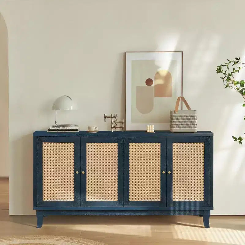 Buffet bahut bohème côtier 60, armoire de rangement d'appoint avec portes en rotin naturel, pieds en pin massif - Panipeachy