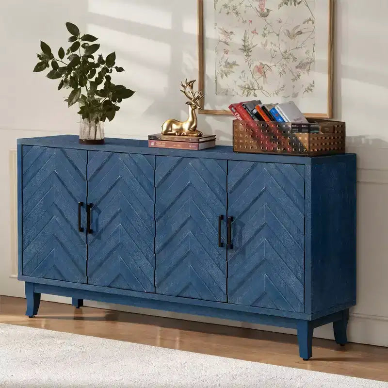 Credenza testurizzata vintage, armadietto contenitore, 60 server buffet retrò con ante a motivo chevron, ripiani regolabili - Panipeachy