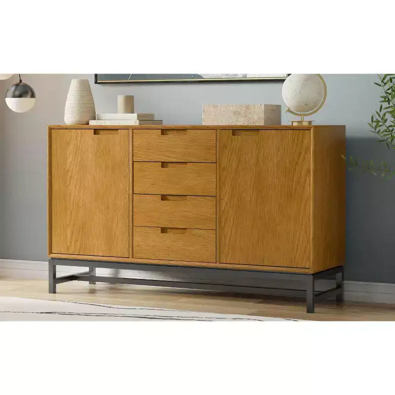 Devlin e Metal Credenza Industriale Rettangolare Larga 60 Pollici con Cassetti Centrali in Impiallacciatura di Rovere