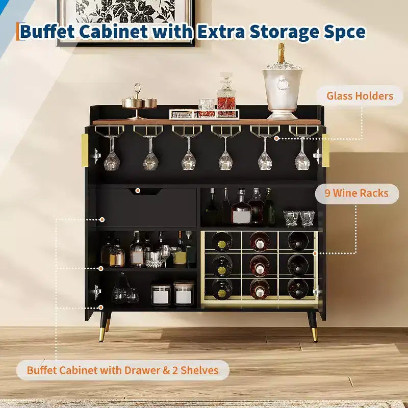 Mobile Bar con Portabottiglie e Credenza, Mobile Moderno per Caffè con Texture Scanalata e Cassetti Contenitori per Cucina, Sala da Pranzo