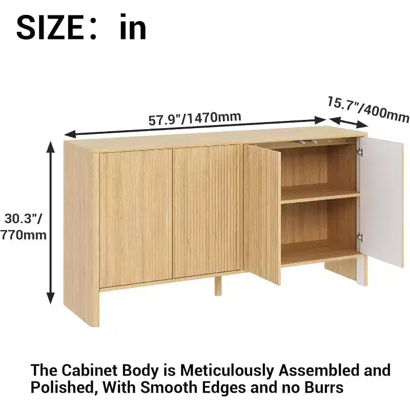 Buffet de 147 cm, meuble de rangement moderne cannelé pour bar à café avec 4 portes et étagères réglables pour cuisine et entrée