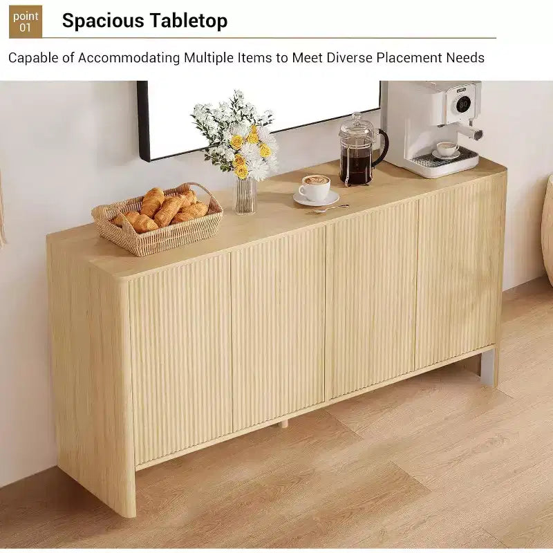 Buffet de 147 cm, meuble de rangement moderne cannelé pour bar à café avec 4 portes et étagères réglables pour cuisine et entrée