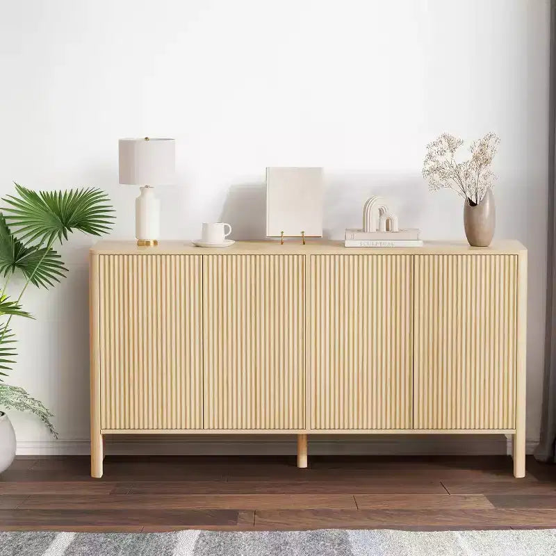 Buffet de 147 cm, meuble de rangement moderne cannelé pour bar à café avec 4 portes et étagères réglables pour cuisine et entrée