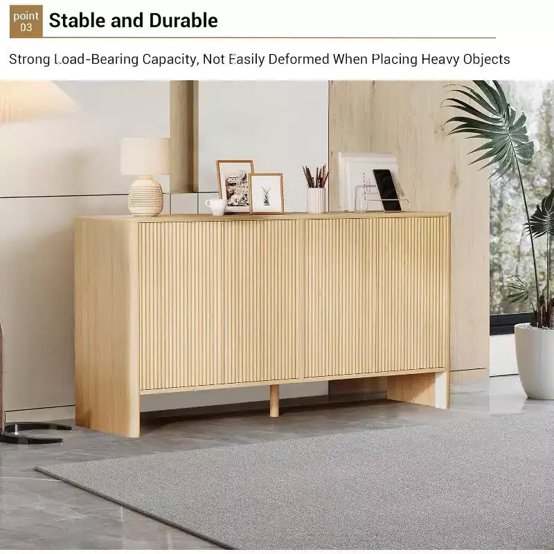 Buffet de 147 cm, meuble de rangement moderne cannelé pour bar à café avec 4 portes et étagères réglables pour cuisine et entrée