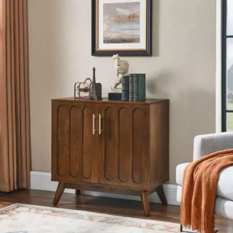 Mobile contenitore a colonna Mid-Century Modern da 81 cm, piccola credenza a 2 ante con gambe in legno massello e maniglie dorate - Panipeachy