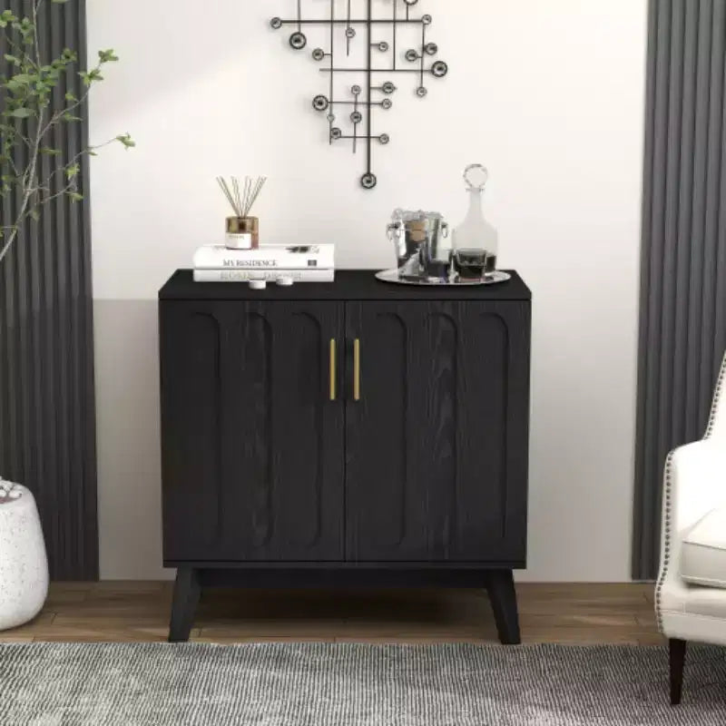 32 Mid-Century Modern Fluted Accent Storage Cabinet, Small 2-Door Sideboard with Solid Wood Legs and Gold Handles - Panipeachy