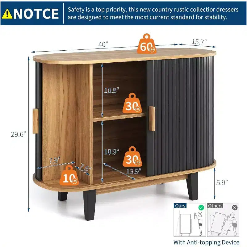 Mobile credenza a buffet scanalato da 40'', armadietto contenitore con anta scorrevole e ripiano regolabile, per soggiorno, sala da pranzo, cucina, corridoio