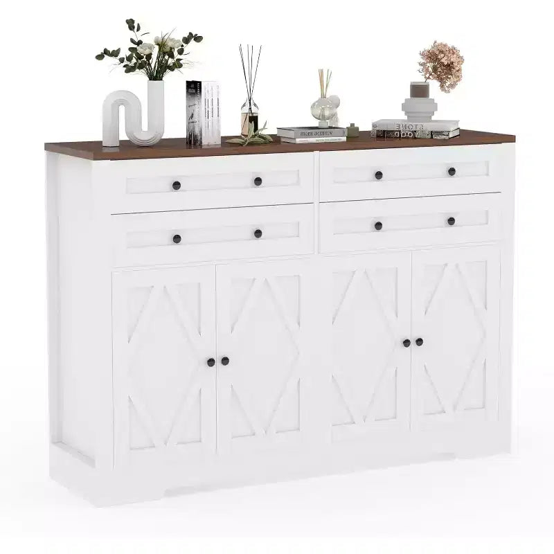 Modern Buffet Cabinet with Storage,Farmhouse Sideboard with 4 Doors & 4 Drawers,Large Wood Buffet Cabinet for Dining Room, Kitchen,white