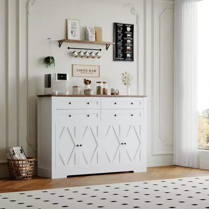 Credenza moderna con vani contenitore, madia da fattoria con 4 ante e 4 cassetti, grande credenza in legno per sala da pranzo, cucina, bianca