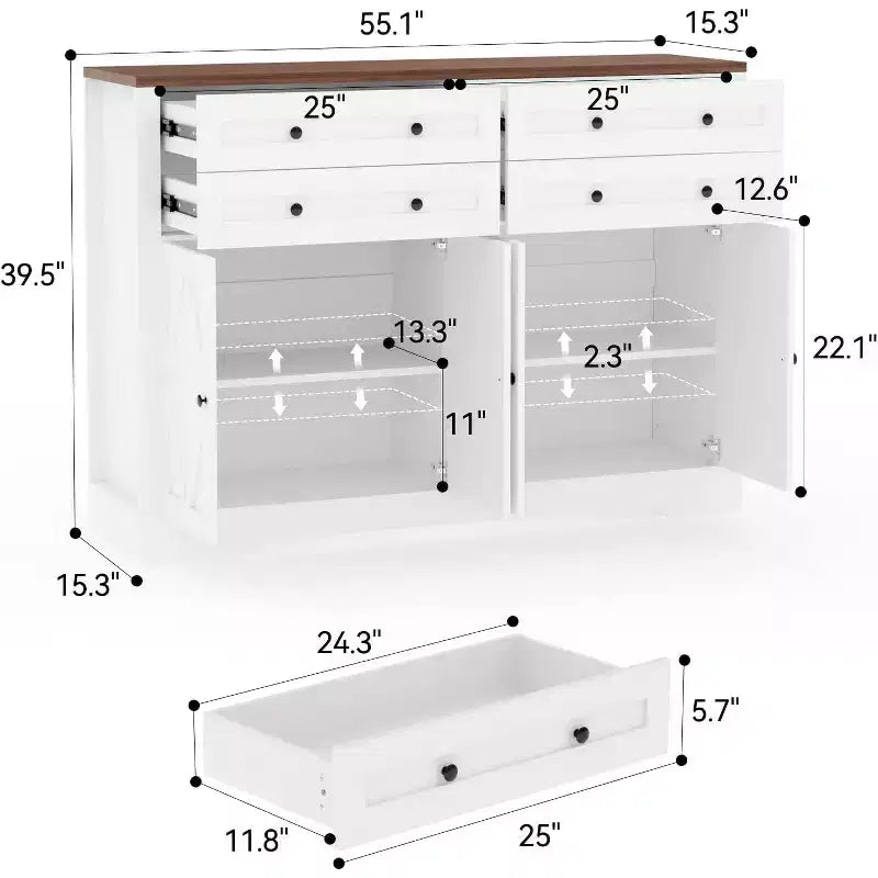 Credenza moderna con vani contenitore, madia da fattoria con 4 ante e 4 cassetti, grande credenza in legno per sala da pranzo, cucina, bianca