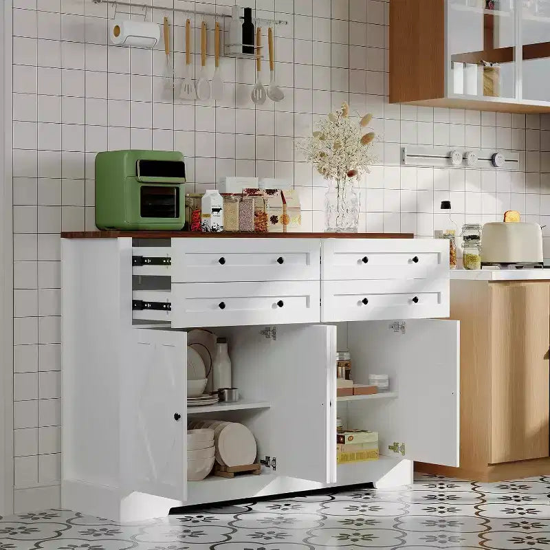 Credenza moderna con vani contenitore, madia da fattoria con 4 ante e 4 cassetti, grande credenza in legno per sala da pranzo, cucina, bianca