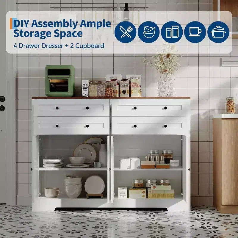 Credenza moderna con vani contenitore, madia da fattoria con 4 ante e 4 cassetti, grande credenza in legno per sala da pranzo, cucina, bianca