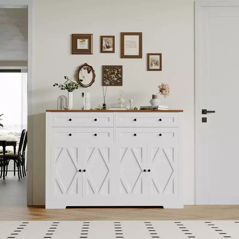 Credenza moderna con vani contenitore, madia da fattoria con 4 ante e 4 cassetti, grande credenza in legno per sala da pranzo, cucina, bianca