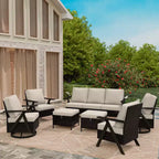 Ensemble de sept meubles d'extérieur UPTIOT : canapé 3 places, 2 fauteuils à bascule pivotants, 2 fauteuils individuels et 2 poufs pour un confort optimal sur votre terrasse