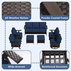 Ensemble de sept meubles d'extérieur UPTIOT : canapé 3 places, 2 fauteuils à bascule pivotants, 2 fauteuils individuels et 2 poufs pour un confort optimal sur votre terrasse