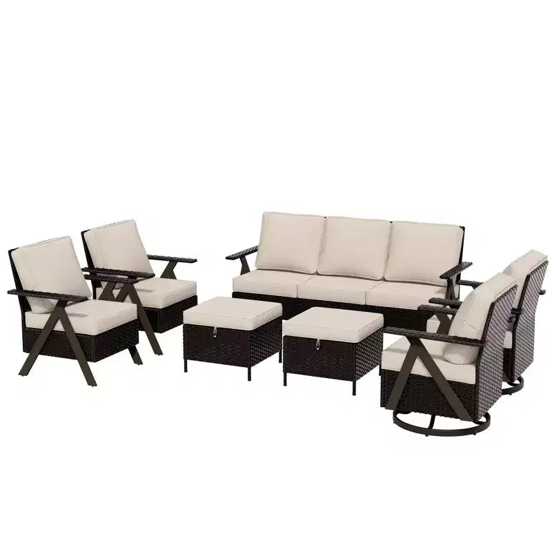 Set da salotto da esterno UPTIOT 7 pezzi: divano a 3 posti, 2 poltrone girevoli a dondolo, 2 sedie singole e 2 pouf per il comfort del patio