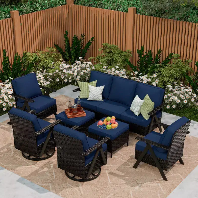 Ensemble de sept meubles d'extérieur UPTIOT : canapé 3 places, 2 fauteuils à bascule pivotants, 2 fauteuils individuels et 2 poufs pour un confort optimal sur votre terrasse