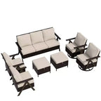 Ensemble de sept meubles d'extérieur UPTIOT : canapé 3 places, 2 fauteuils à bascule pivotants, 2 fauteuils individuels et 2 poufs pour un confort optimal sur votre terrasse