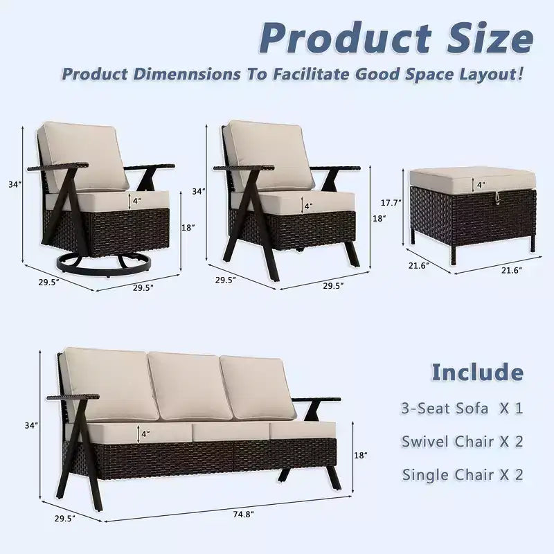 Set da salotto da esterno UPTIOT 7 pezzi: divano a 3 posti, 2 poltrone girevoli a dondolo, 2 sedie singole e 2 pouf per il comfort del patio
