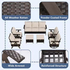 Ensemble de sept meubles d'extérieur UPTIOT : canapé 3 places, 2 fauteuils à bascule pivotants, 2 fauteuils individuels et 2 poufs pour un confort optimal sur votre terrasse