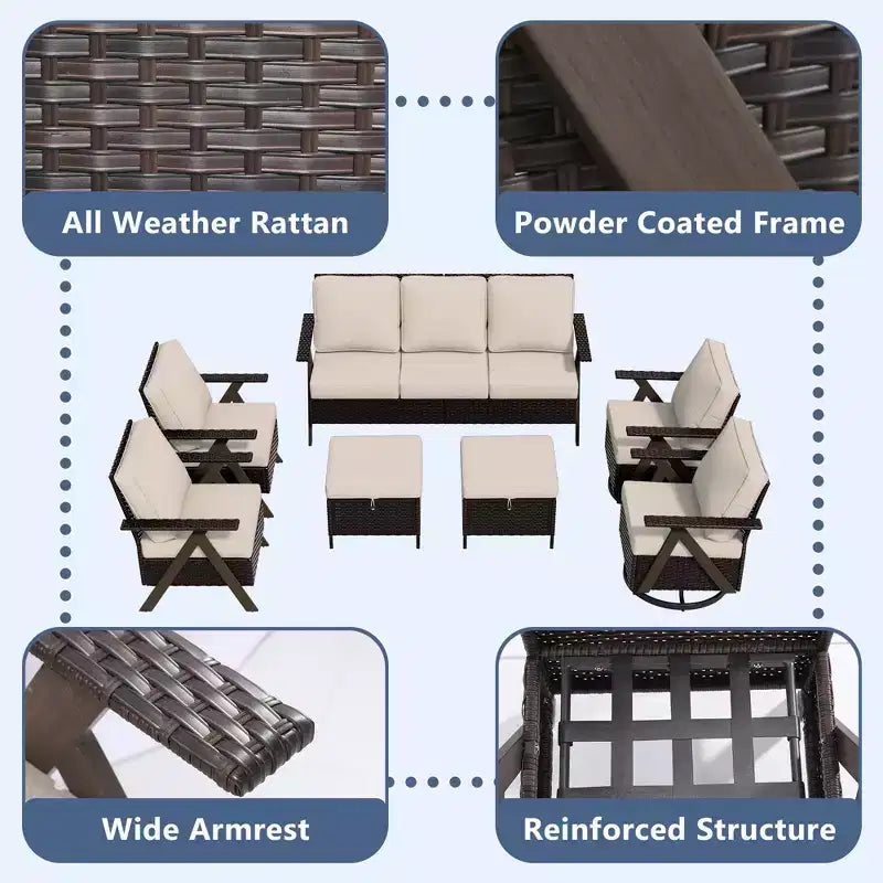 Set da salotto da esterno UPTIOT 7 pezzi: divano a 3 posti, 2 poltrone girevoli a dondolo, 2 sedie singole e 2 pouf per il comfort del patio