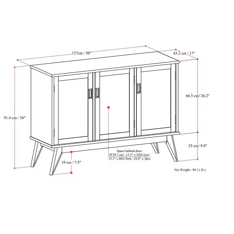 Tierney MADERA MACIZA Rettangolare 50 pollici Credenza a 3 ante in stile moderno di metà secolo