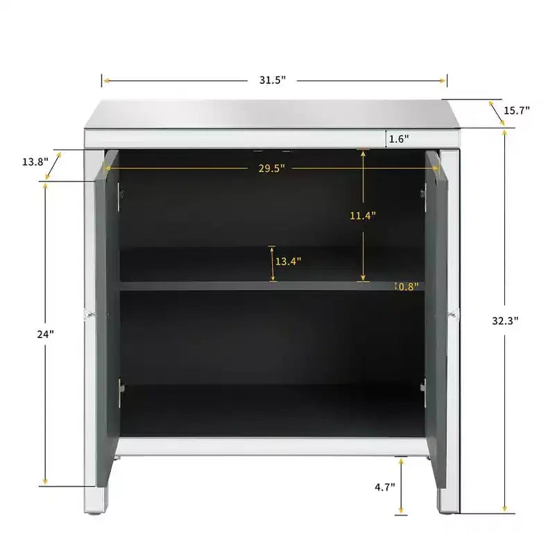 Credenza con bordo a specchio, mobile contenitore, tavolo consolle con motivo geometrico, 2 ante e maniglie effetto vetro