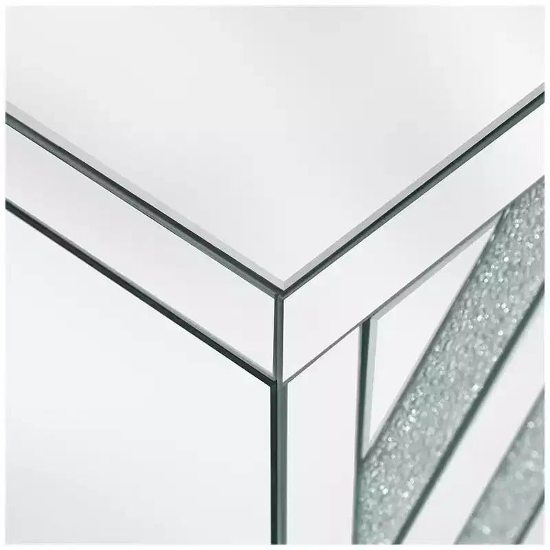Credenza con bordo a specchio, mobile contenitore, tavolo consolle con motivo geometrico, 2 ante e maniglie effetto vetro